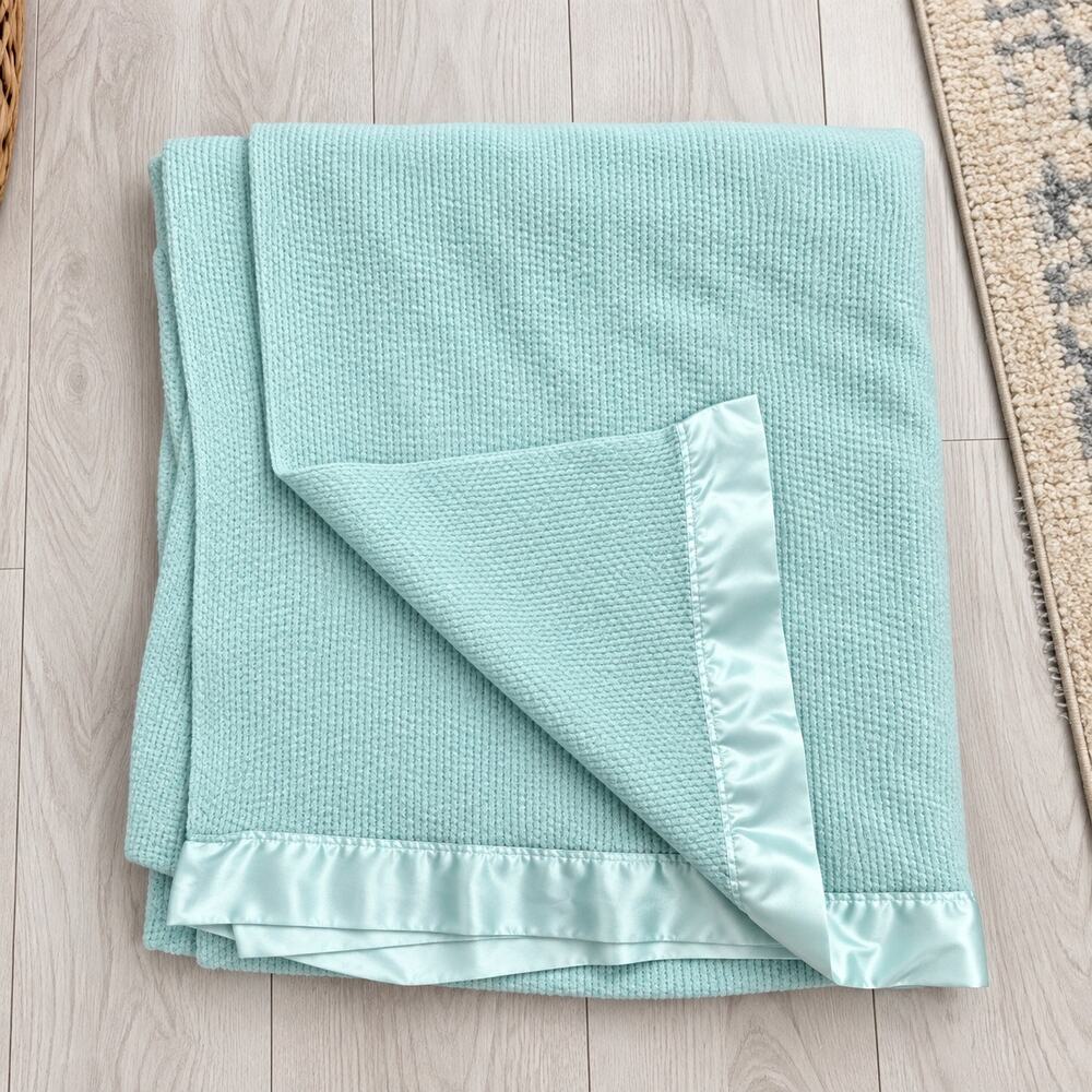 Vintage Satin Trim Waffle Weave Blanket Aqua Blue 100”x 80”